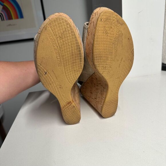 Stuart Weitzman Cork Wedge Platform Sandals with Gray/Tan Cloth Upper Size 9 - Picture 9 of 12